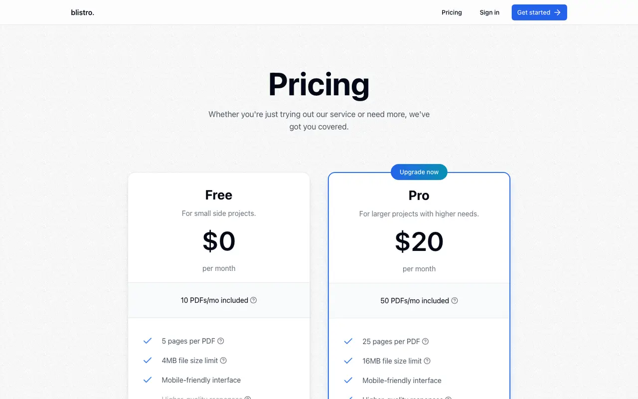 Blistro pricing screen