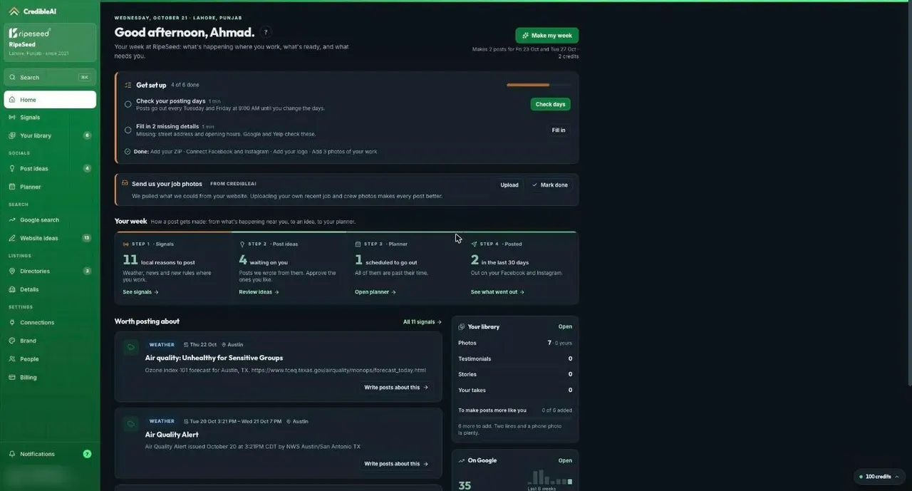 The client app home screen with a weekly pipeline of signals and post ideas