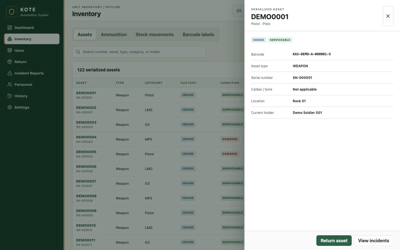 Kote Automation System detail screen
