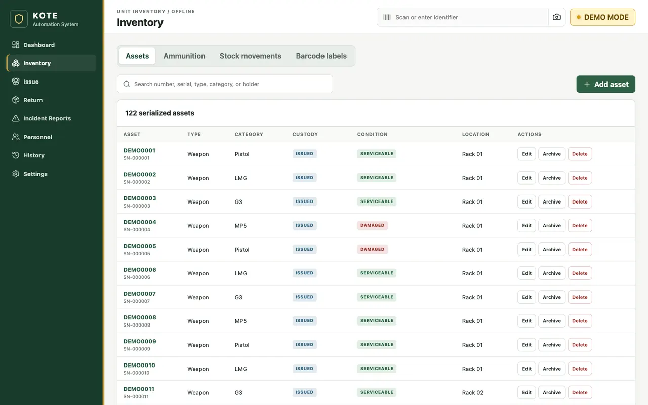 Kote inventory screen in demo mode with serialized assets, custody and condition
