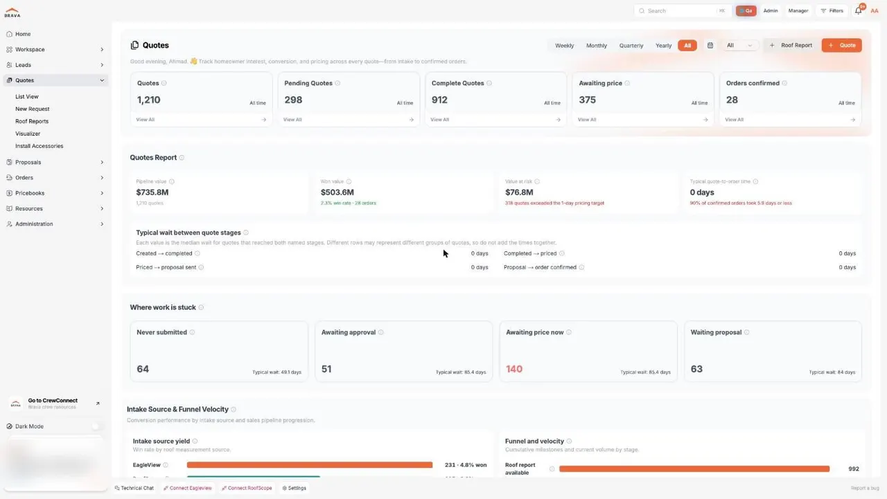 Brava Pro Portal quotes dashboard