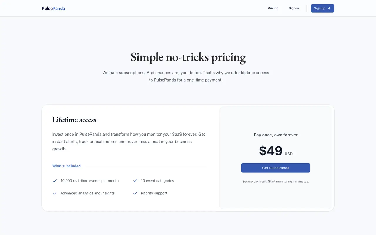 PulsePanda pricing screen