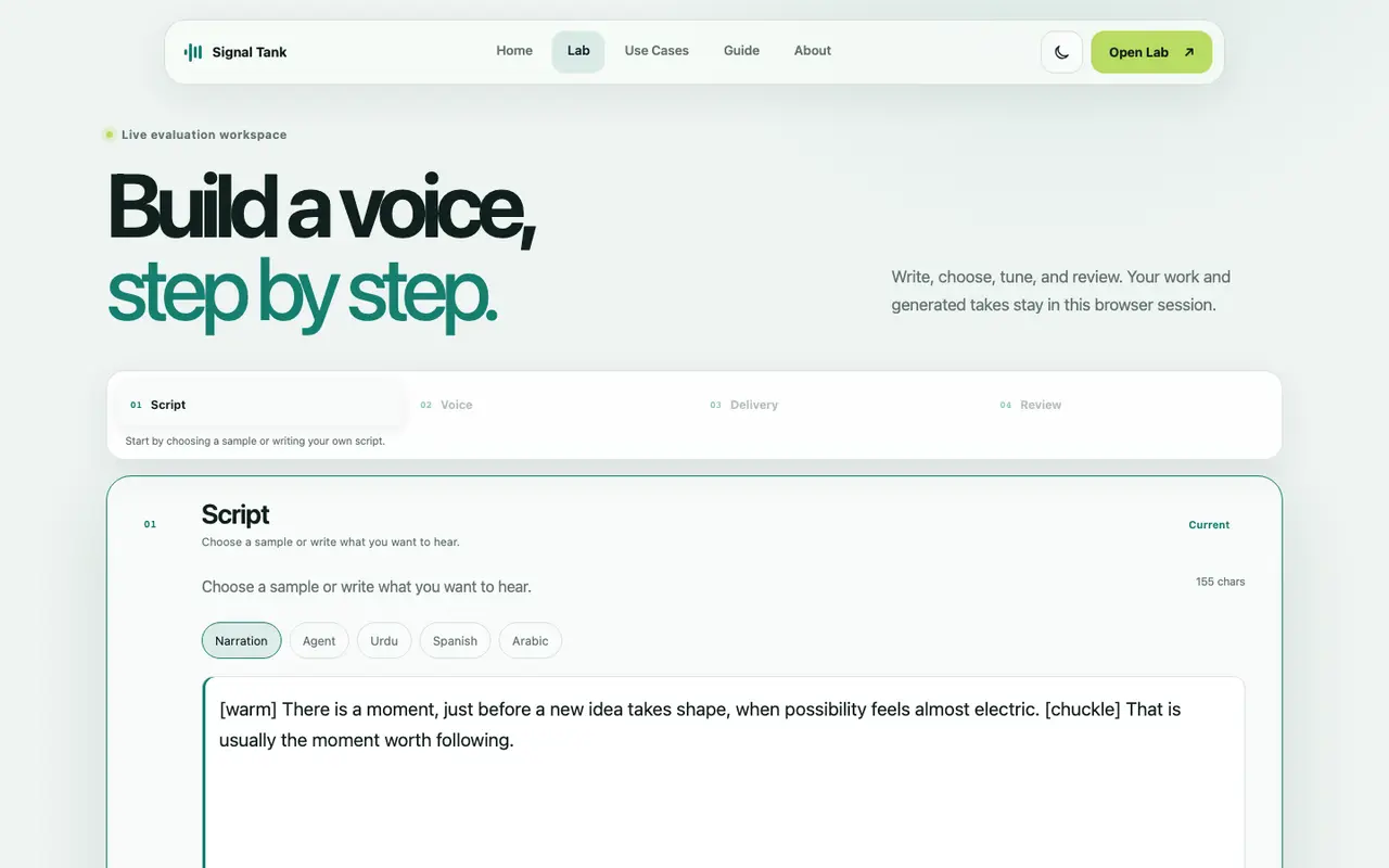 Signal Tank lab page: script, voice, delivery and review steps